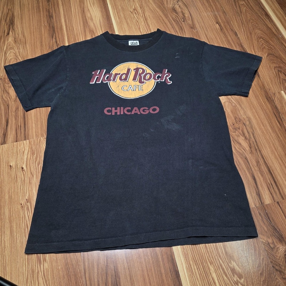 Faded Vtg Hard Rock Cafe Chicago Shirt Mens Large Thrash Black Graphic Anvil 90s